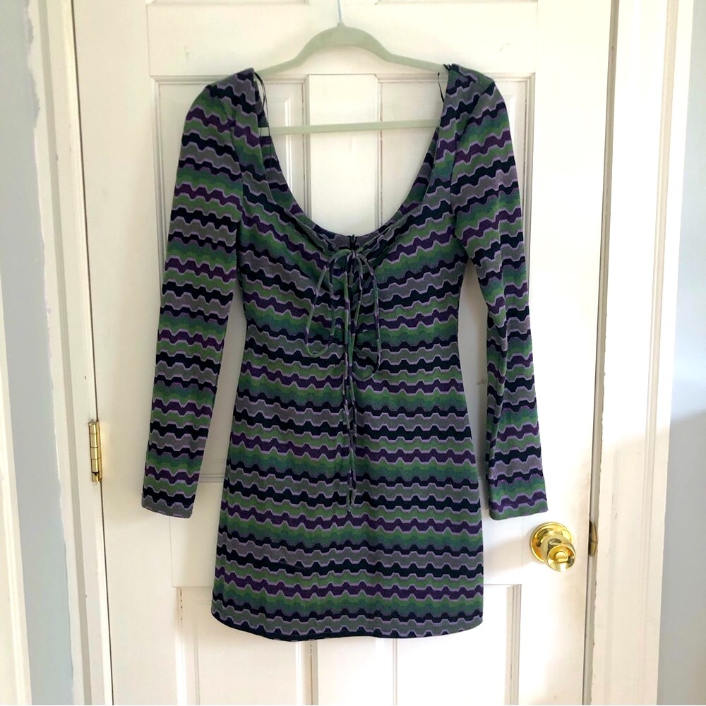 Zara Purple & Green Metallic Chevron Print Knit Party Dress